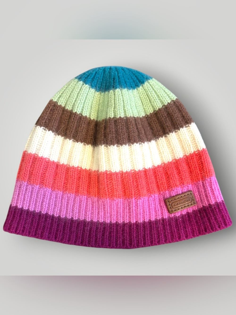 Coach Kids Wool Rayon Rabbit Angora Cashmere Beanie Hat Striped Girls One Size.